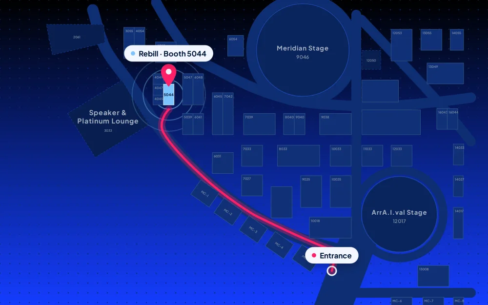 Map of the route from the entrance to Rebill booth 5044, next to the Speaker & Platinum Lounge
